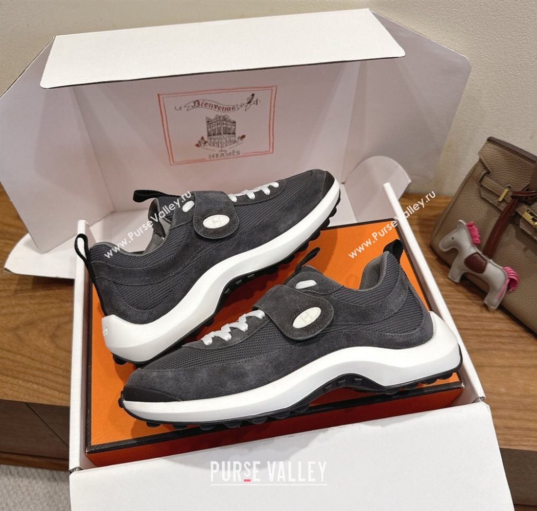 Hermes Loop Sneakers in Suede and Knit Mesh with Strap Dark Grey 2025 1023 (XC-251023026)