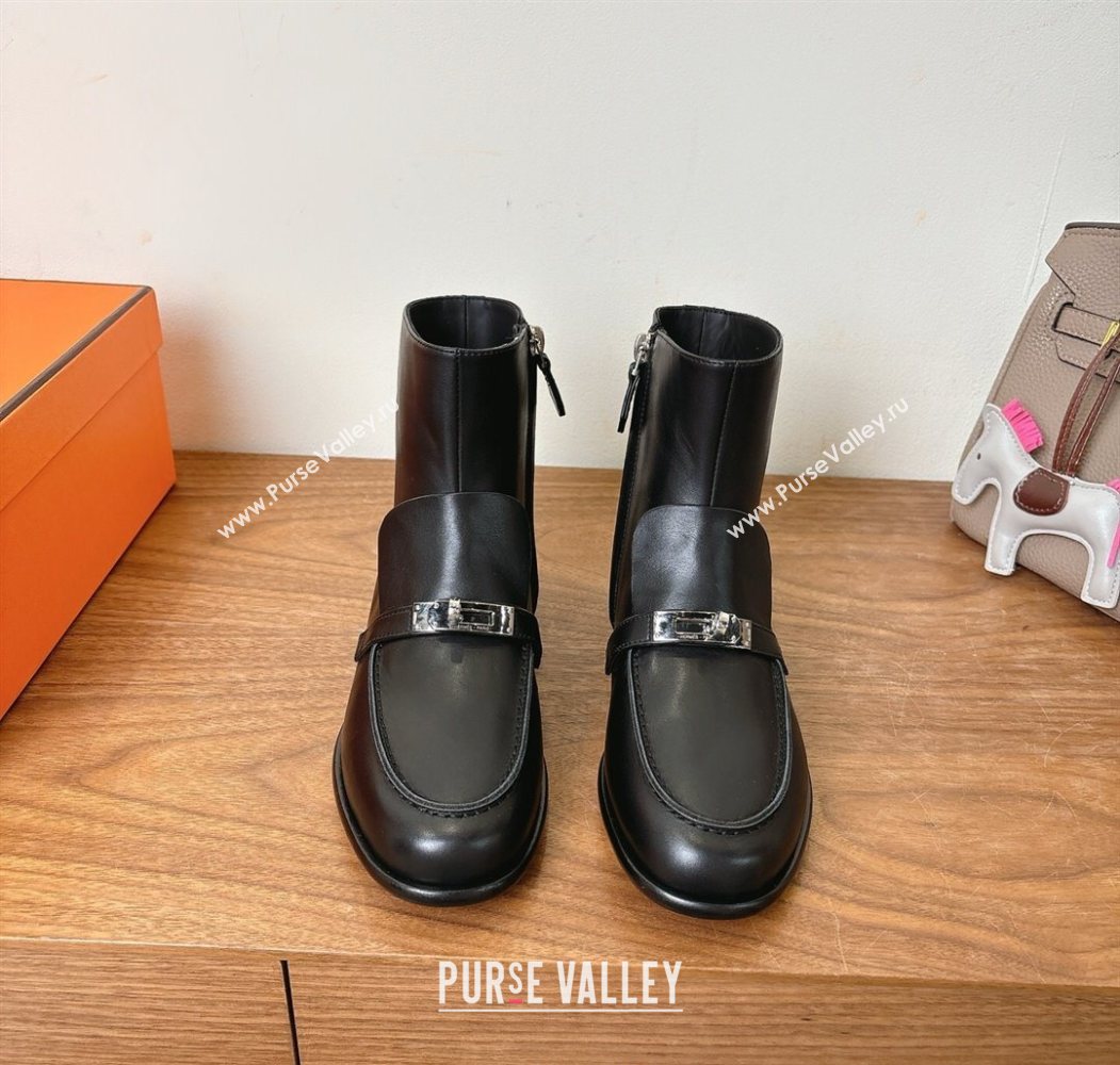 Hermes Kelsy Flat Ankle Boots in Calfskin Leather with Kelly Buckle Strap Black 2025 (XC-251023048)
