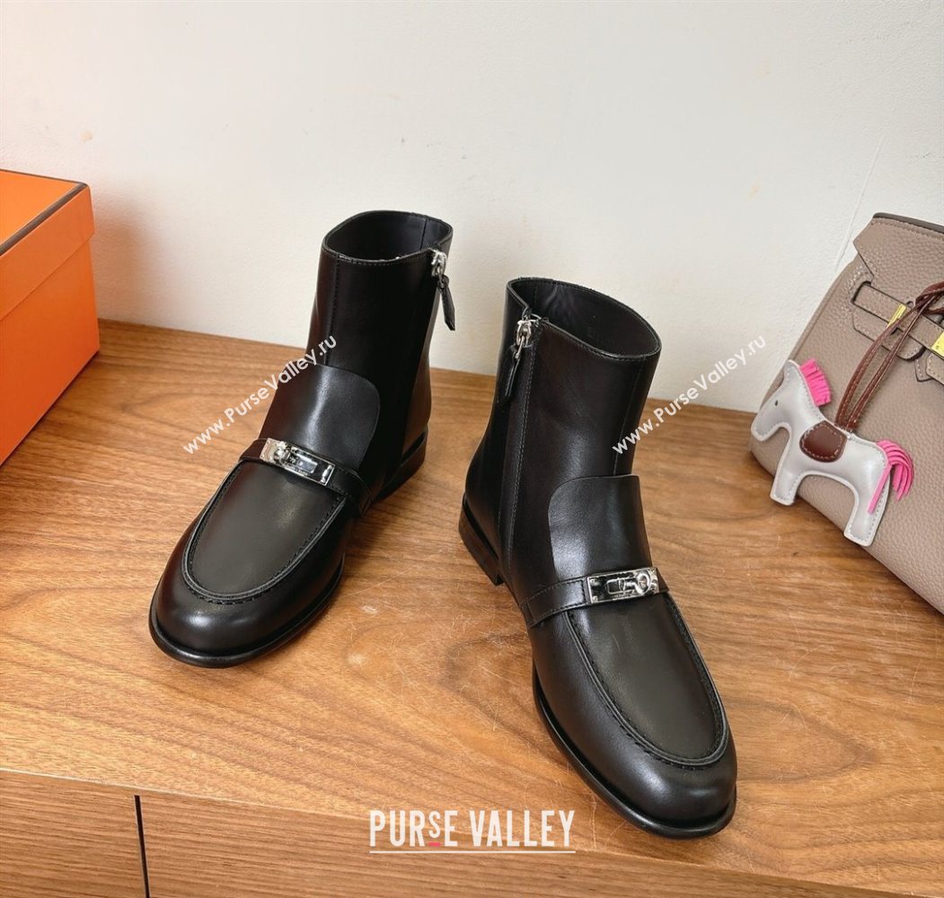Hermes Kelsy Flat Ankle Boots in Calfskin Leather with Kelly Buckle Strap Black 2025 (XC-251023048)