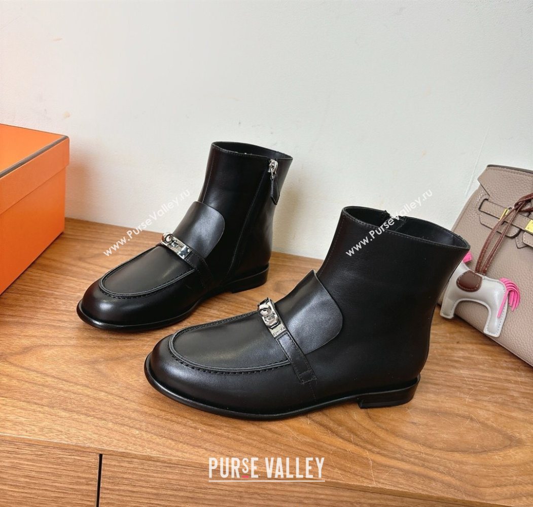 Hermes Kelsy Flat Ankle Boots in Calfskin Leather with Kelly Buckle Strap Black 2025 (XC-251023048)