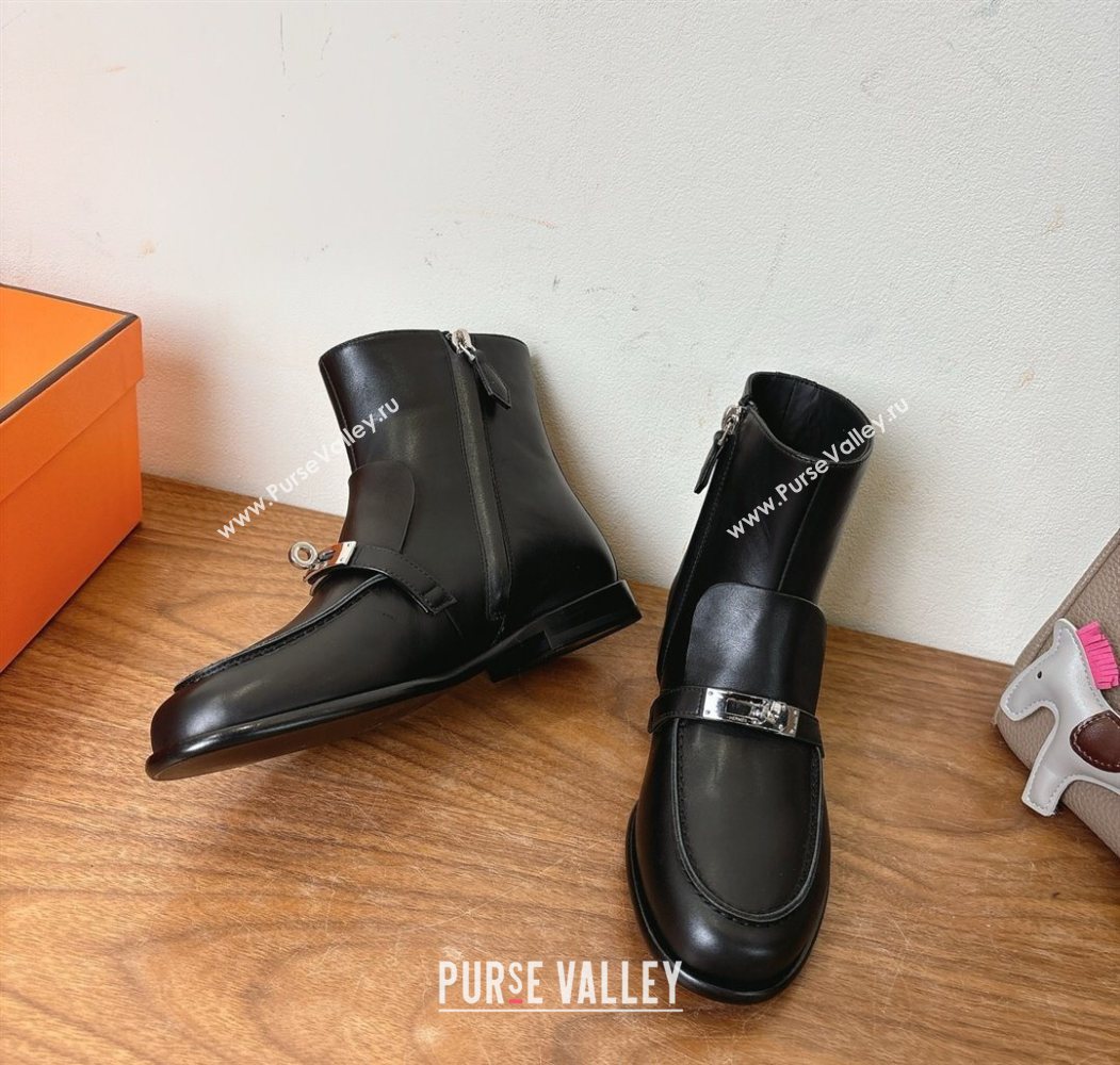 Hermes Kelsy Flat Ankle Boots in Calfskin Leather with Kelly Buckle Strap Black 2025 (XC-251023048)
