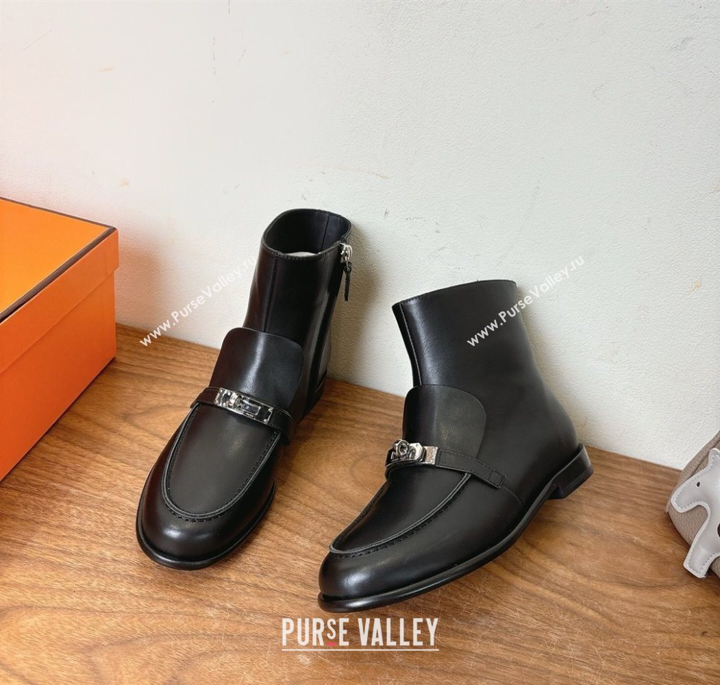 Hermes Kelsy Flat Ankle Boots in Calfskin Leather with Kelly Buckle Strap Black 2025 (XC-251023048)
