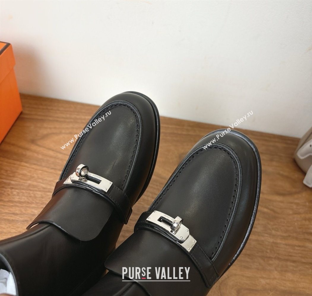Hermes Kelsy Flat Ankle Boots in Calfskin Leather with Kelly Buckle Strap Black 2025 (XC-251023048)
