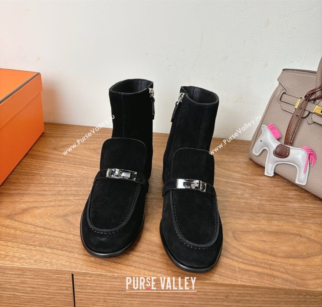 Hermes Kelsy Flat Ankle Boots in Suede with Kelly Buckle Strap Black 2025 (XC-251023051)