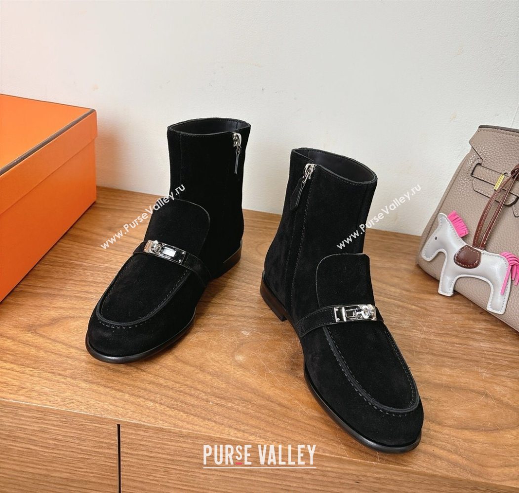 Hermes Kelsy Flat Ankle Boots in Suede with Kelly Buckle Strap Black 2025 (XC-251023051)