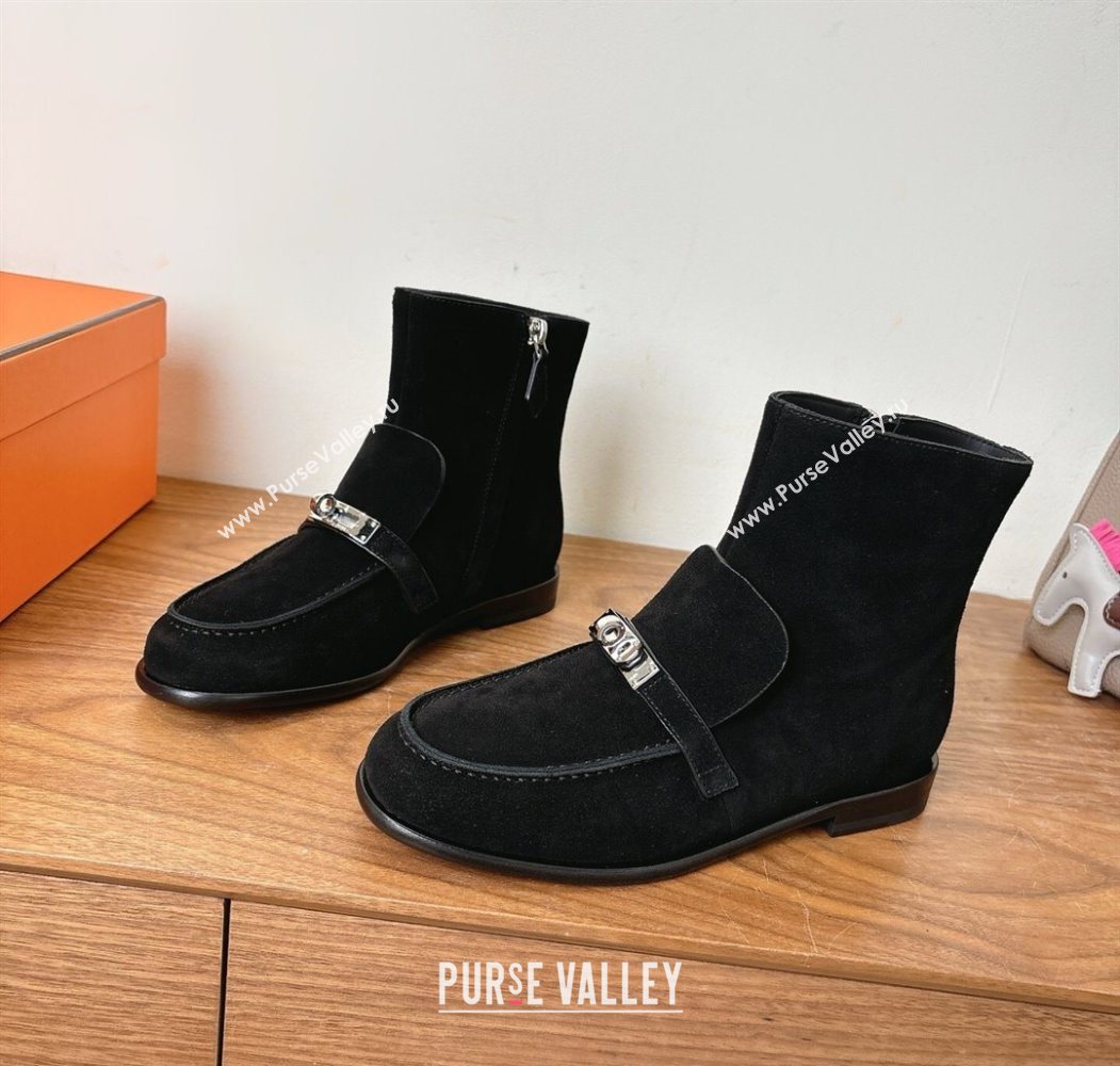 Hermes Kelsy Flat Ankle Boots in Suede with Kelly Buckle Strap Black 2025 (XC-251023051)