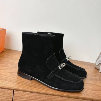 Hermes Kelsy Flat Ankle Boots in Suede with Kelly Buckle Strap Black 2025 (XC-251023051)