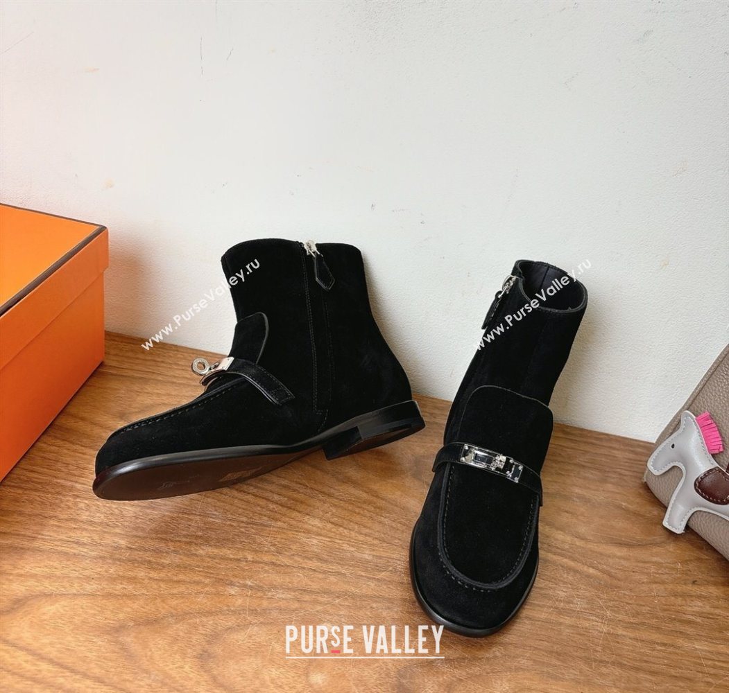Hermes Kelsy Flat Ankle Boots in Suede with Kelly Buckle Strap Black 2025 (XC-251023051)