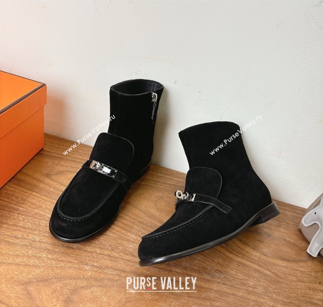 Hermes Kelsy Flat Ankle Boots in Suede with Kelly Buckle Strap Black 2025 (XC-251023051)
