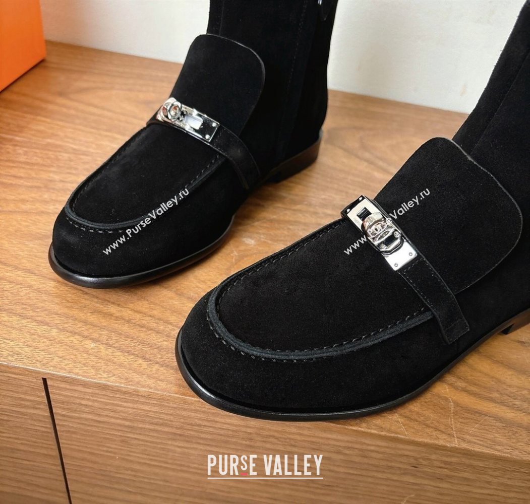 Hermes Kelsy Flat Ankle Boots in Suede with Kelly Buckle Strap Black 2025 (XC-251023051)