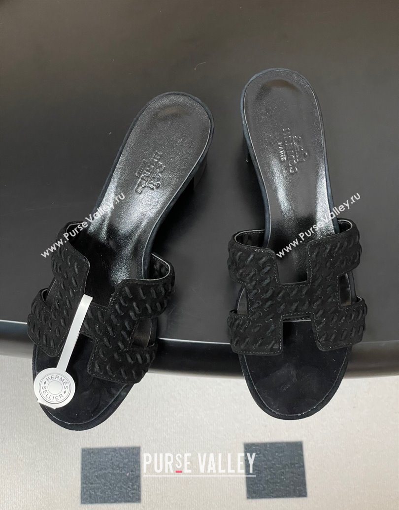 Hermes Classic Oasis Heel Slides Sandal 4.5cm in Braided Suede Black 2025 1023 (MD-251023090)