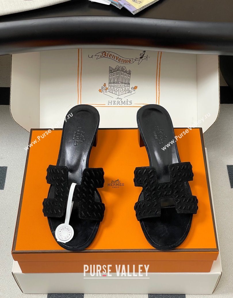 Hermes Classic Oasis Heel Slides Sandal 4.5cm in Braided Suede Black 2025 1023 (MD-251023090)