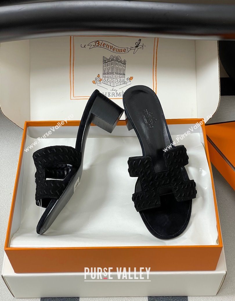 Hermes Classic Oasis Heel Slides Sandal 4.5cm in Braided Suede Black 2025 1023 (MD-251023090)