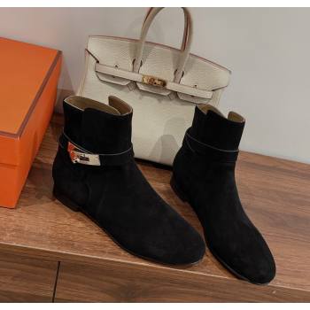 Hermes Neo Flat Ankle Boots in Suede with Kelly Buckle Black 2025 (MD-251023182)