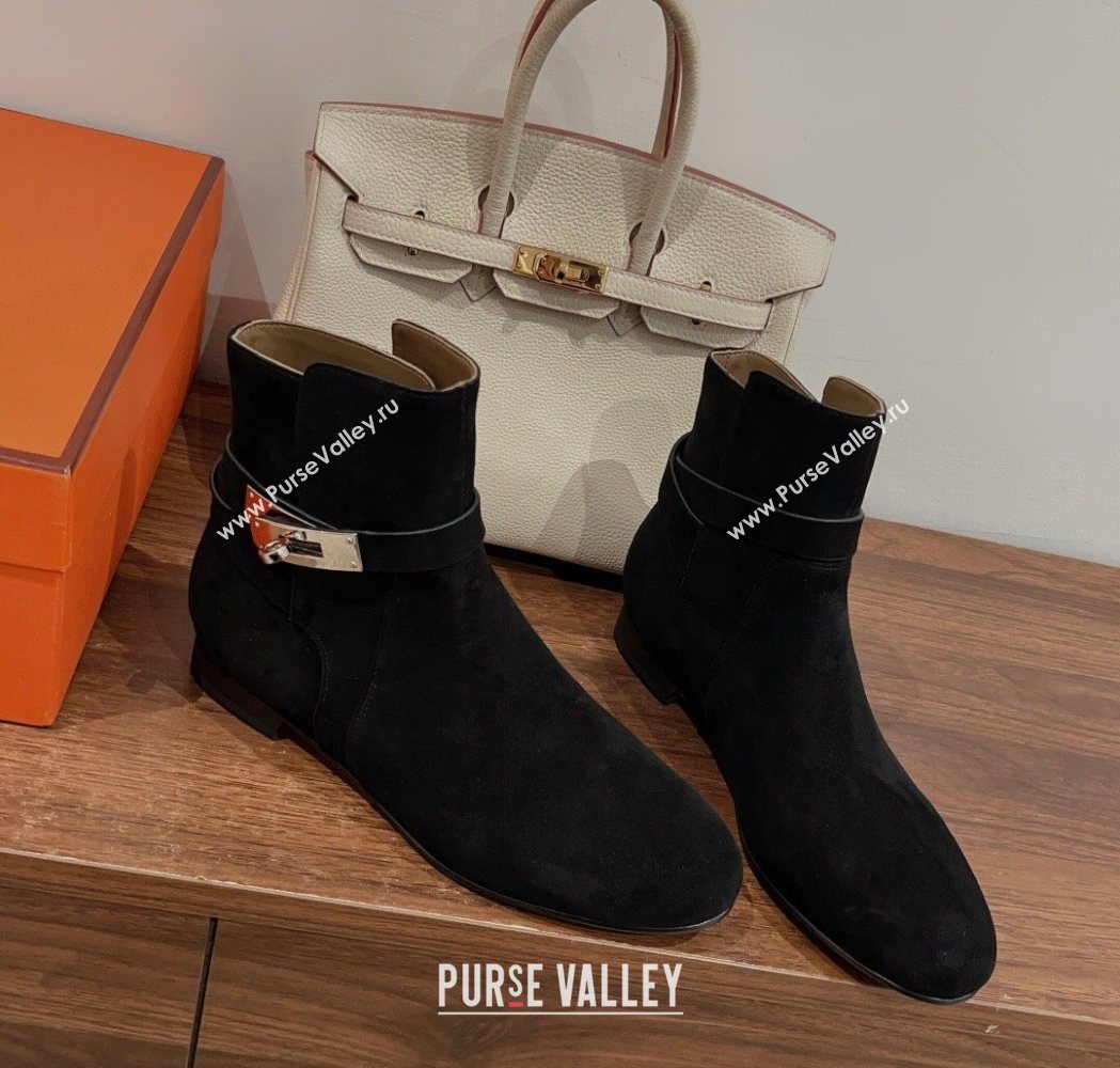 Hermes Neo Flat Ankle Boots in Suede with Kelly Buckle Black 2025 (MD-251023182)