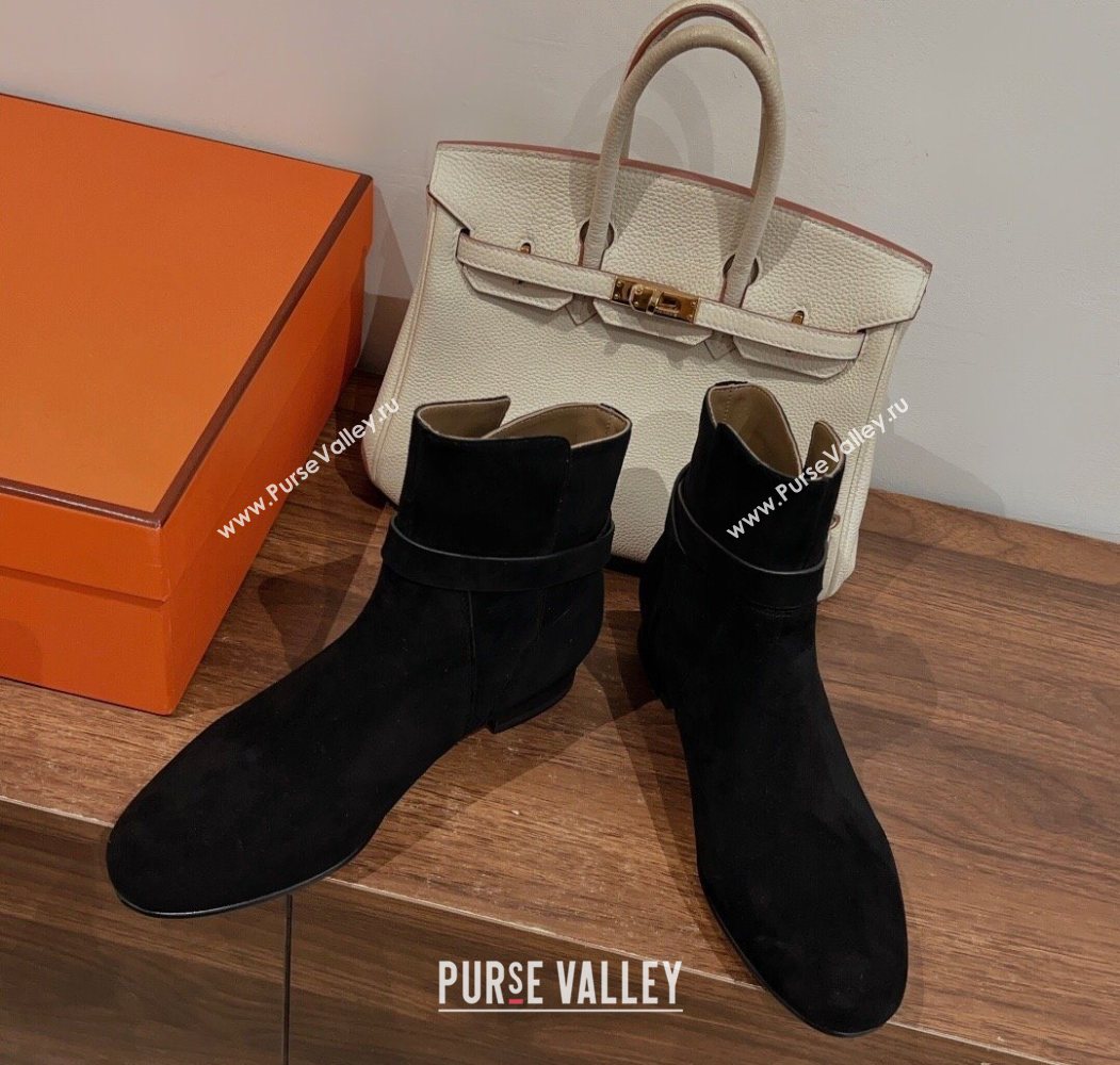 Hermes Neo Flat Ankle Boots in Suede with Kelly Buckle Black 2025 (MD-251023182)