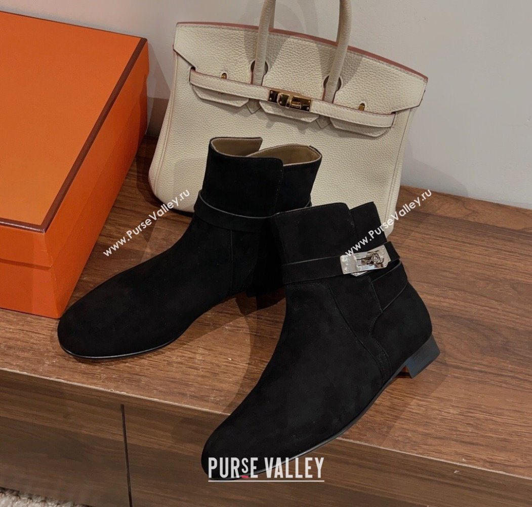 Hermes Neo Flat Ankle Boots in Suede with Kelly Buckle Black 2025 (MD-251023182)