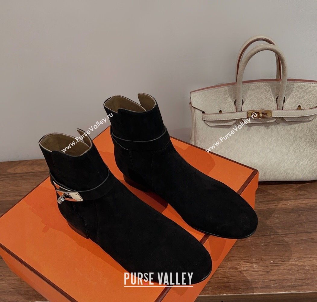 Hermes Neo Flat Ankle Boots in Suede with Kelly Buckle Black 2025 (MD-251023182)