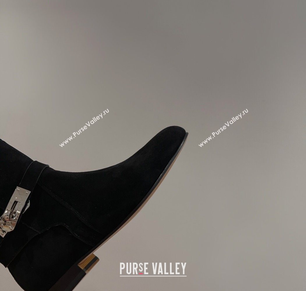 Hermes Neo Flat Ankle Boots in Suede with Kelly Buckle Black 2025 (MD-251023182)