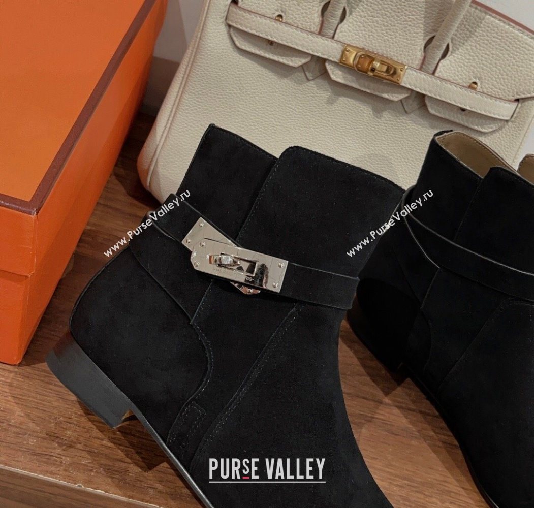 Hermes Neo Flat Ankle Boots in Suede with Kelly Buckle Black 2025 (MD-251023182)