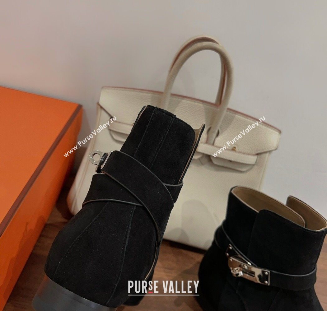 Hermes Neo Flat Ankle Boots in Suede with Kelly Buckle Black 2025 (MD-251023182)