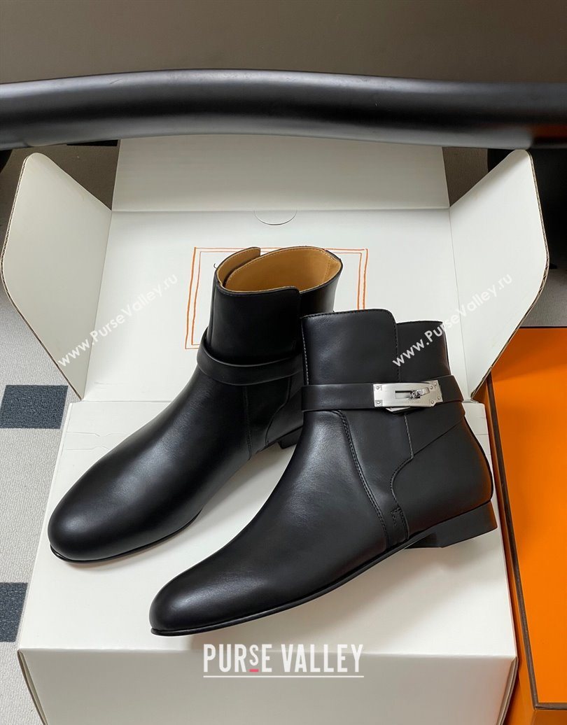 Hermes Neo Flat Ankle Boots in Calfskin Leather with Kelly Buckle Black 2025 (MD-251023180)