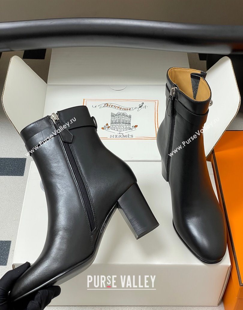 Hermes Saint Germain Heel Ankle Boots 7.5cm in Calfskin Leather with Kelly Buckle Black 2025 (MD-251023183)