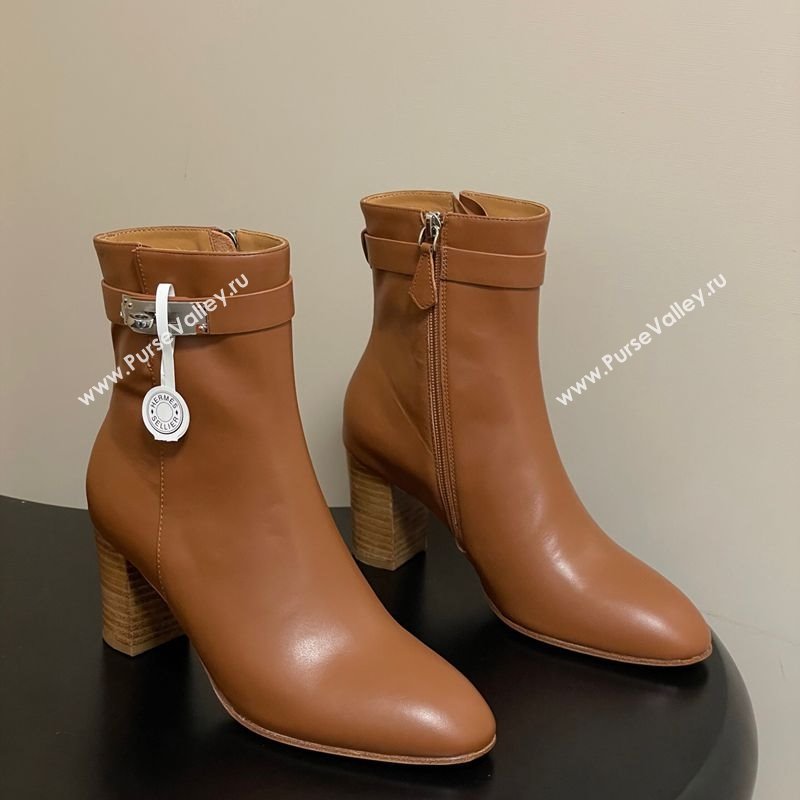 Hermes Saint Germain Heel Ankle Boots 7.5cm in Calfskin Leather with Kelly Buckle Brown 2025 (MD-251023184)
