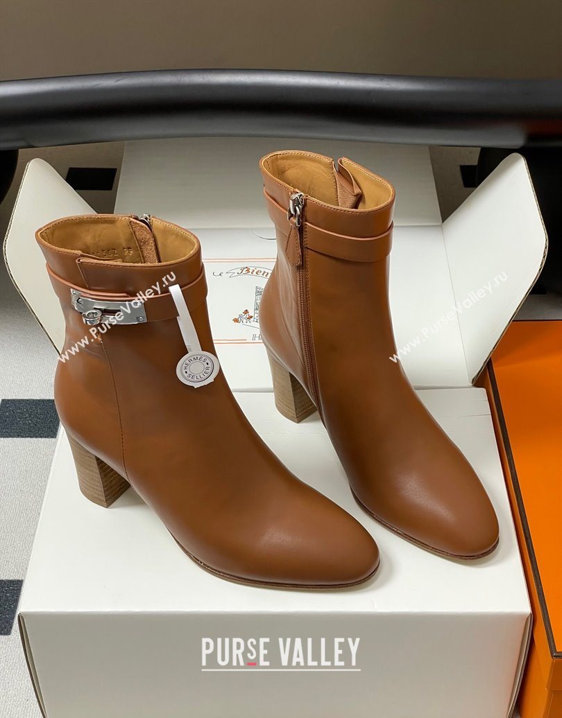 Hermes Saint Germain Heel Ankle Boots 7.5cm in Calfskin Leather with Kelly Buckle Brown 2025 (MD-251023184)