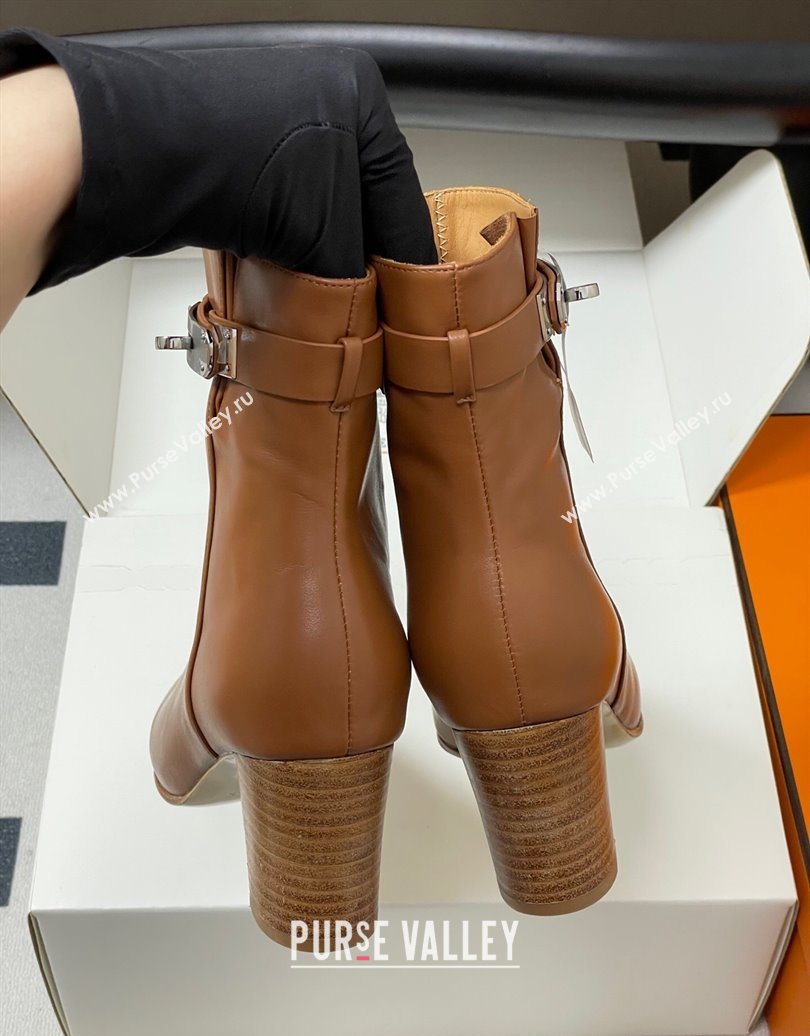 Hermes Saint Germain Heel Ankle Boots 7.5cm in Calfskin Leather with Kelly Buckle Brown 2025 (MD-251023184)
