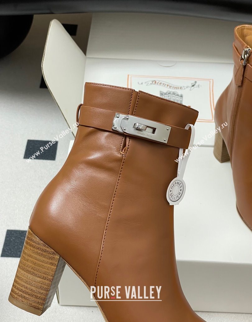 Hermes Saint Germain Heel Ankle Boots 7.5cm in Calfskin Leather with Kelly Buckle Brown 2025 (MD-251023184)
