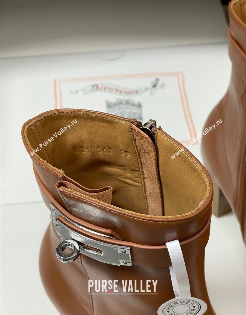 Hermes Saint Germain Heel Ankle Boots 7.5cm in Calfskin Leather with Kelly Buckle Brown 2025 (MD-251023184)