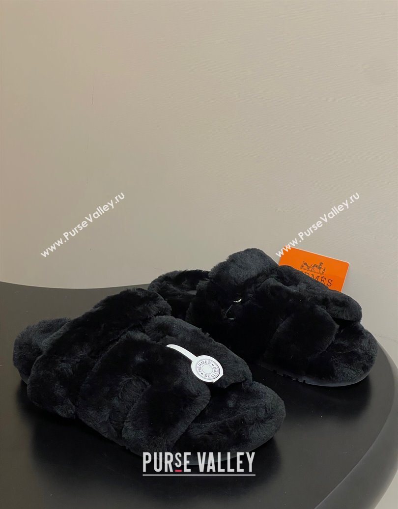 Hermes Chypre Flat Slides Sandal in Wool Black 2025 H102306 (MD-251023110)