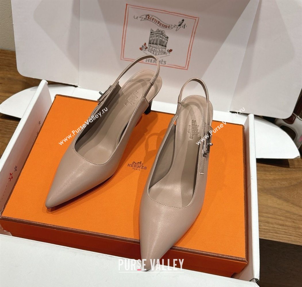 Hermes Lover Slingback Pumps 8cm in Calfskin Leather with Kelly Buckle Beige Grey 2025 H252121 (XC-251024002)