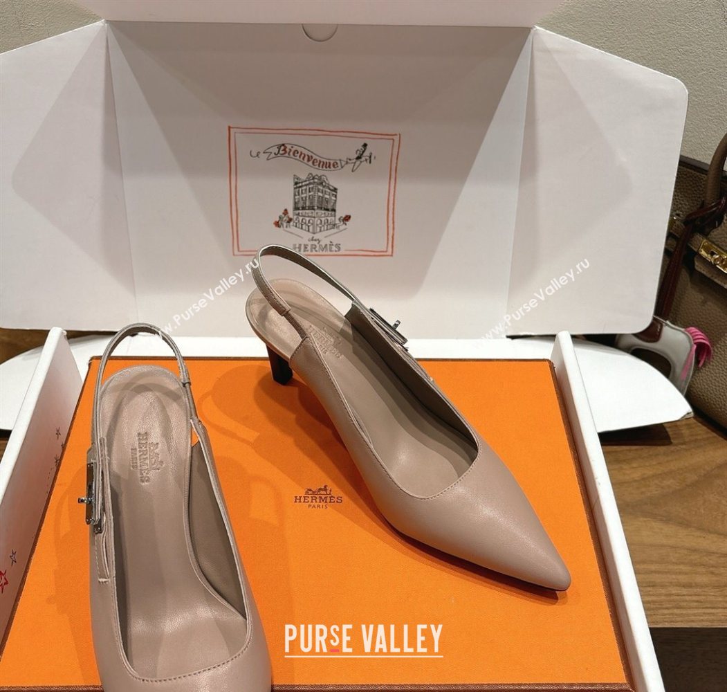 Hermes Lover Slingback Pumps 8cm in Calfskin Leather with Kelly Buckle Beige Grey 2025 H252121 (XC-251024002)