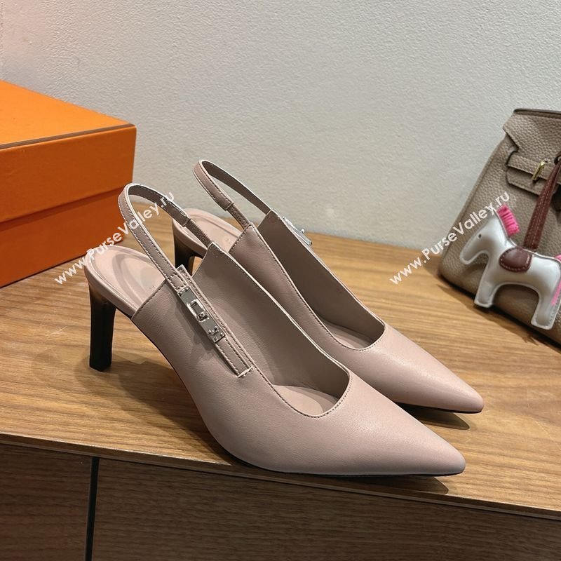 Hermes Lover Slingback Pumps 8cm in Calfskin Leather with Kelly Buckle Beige Grey 2025 H252121 (XC-251024002)