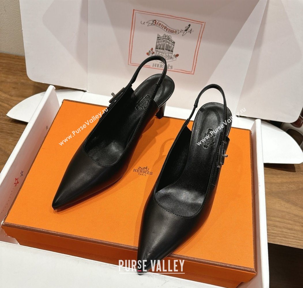 Hermes Lover Slingback Pumps 8cm in Calfskin Leather with Kelly Buckle Black 2025 H252121 (XC-251024003)