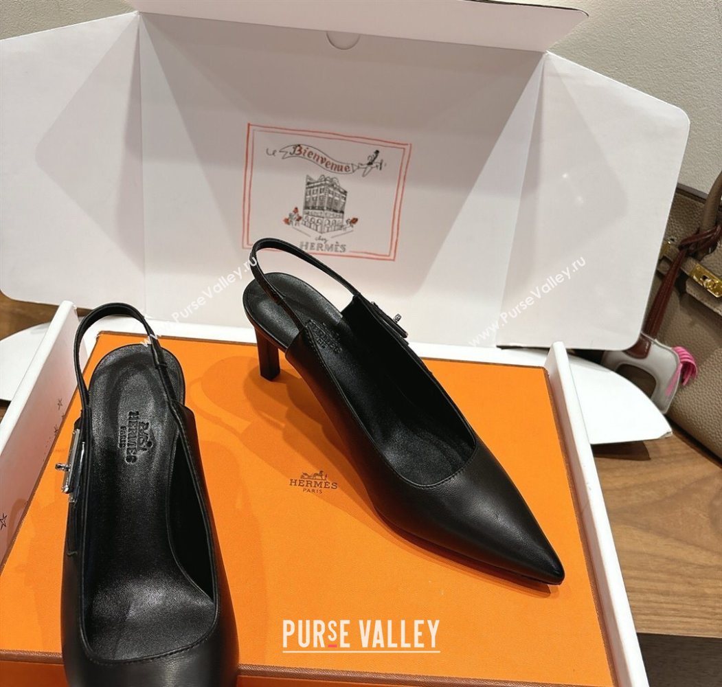 Hermes Lover Slingback Pumps 8cm in Calfskin Leather with Kelly Buckle Black 2025 H252121 (XC-251024003)