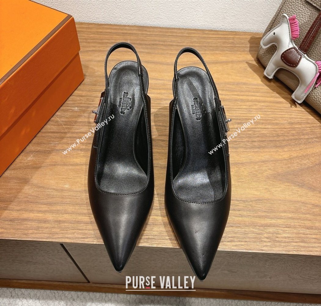 Hermes Lover Slingback Pumps 8cm in Calfskin Leather with Kelly Buckle Black 2025 H252121 (XC-251024003)