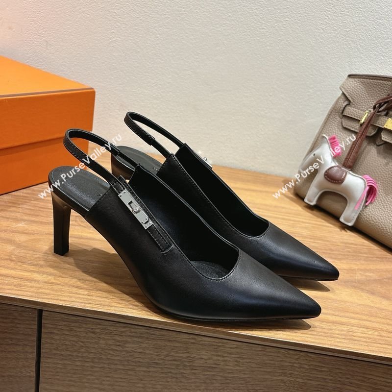 Hermes Lover Slingback Pumps 8cm in Calfskin Leather with Kelly Buckle Black 2025 H252121 (XC-251024003)