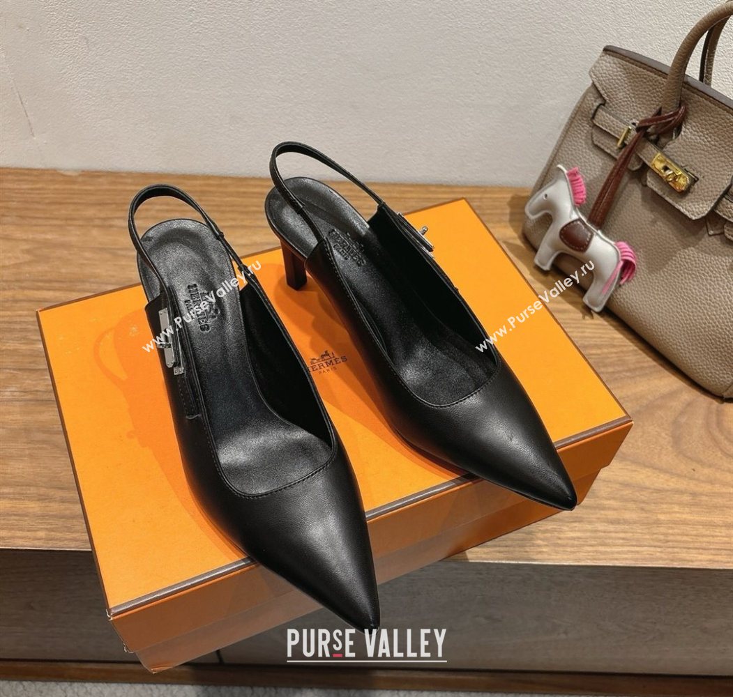 Hermes Lover Slingback Pumps 8cm in Calfskin Leather with Kelly Buckle Black 2025 H252121 (XC-251024003)