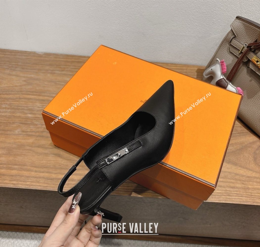 Hermes Lover Slingback Pumps 8cm in Calfskin Leather with Kelly Buckle Black 2025 H252121 (XC-251024003)