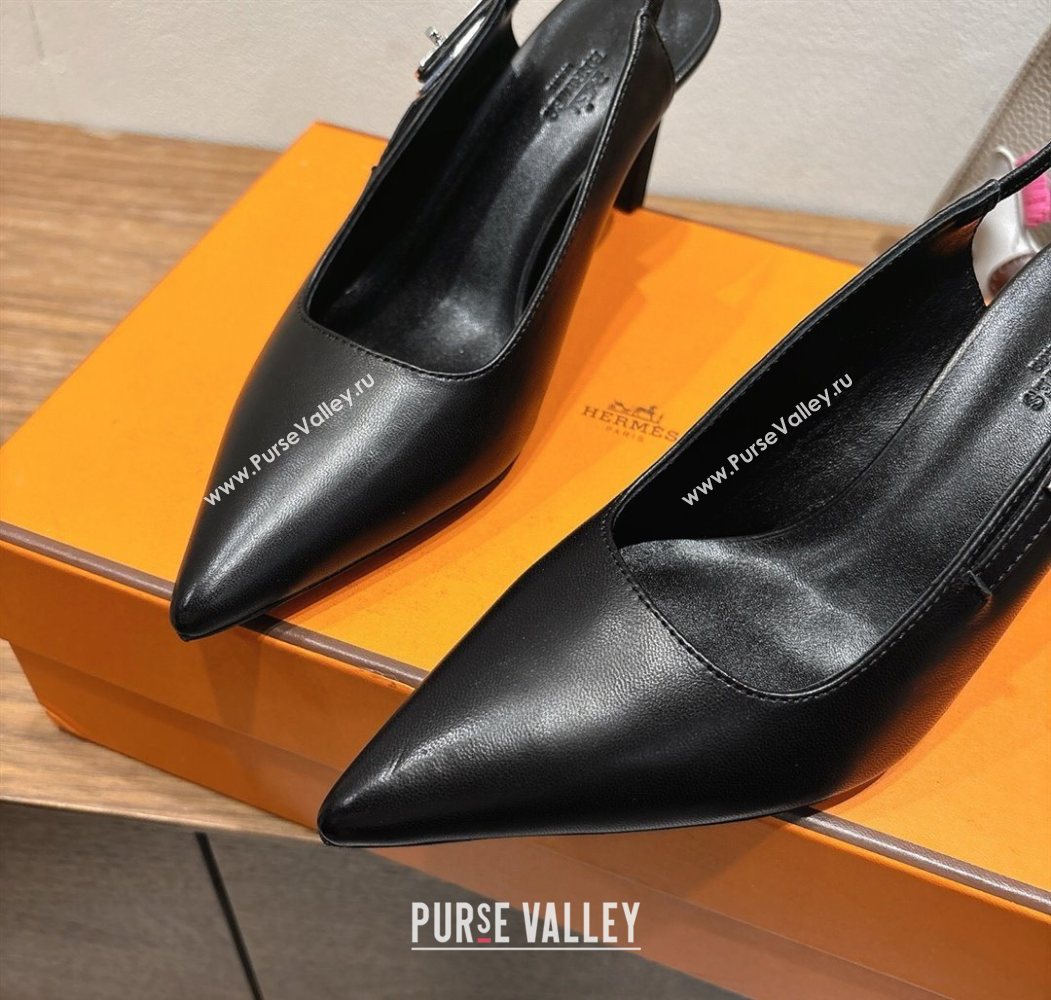 Hermes Lover Slingback Pumps 8cm in Calfskin Leather with Kelly Buckle Black 2025 H252121 (XC-251024003)