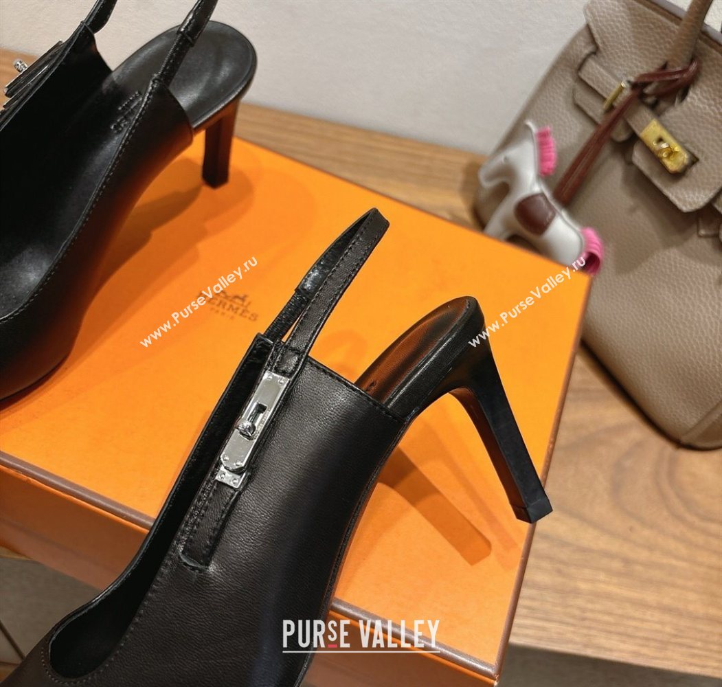 Hermes Lover Slingback Pumps 8cm in Calfskin Leather with Kelly Buckle Black 2025 H252121 (XC-251024003)