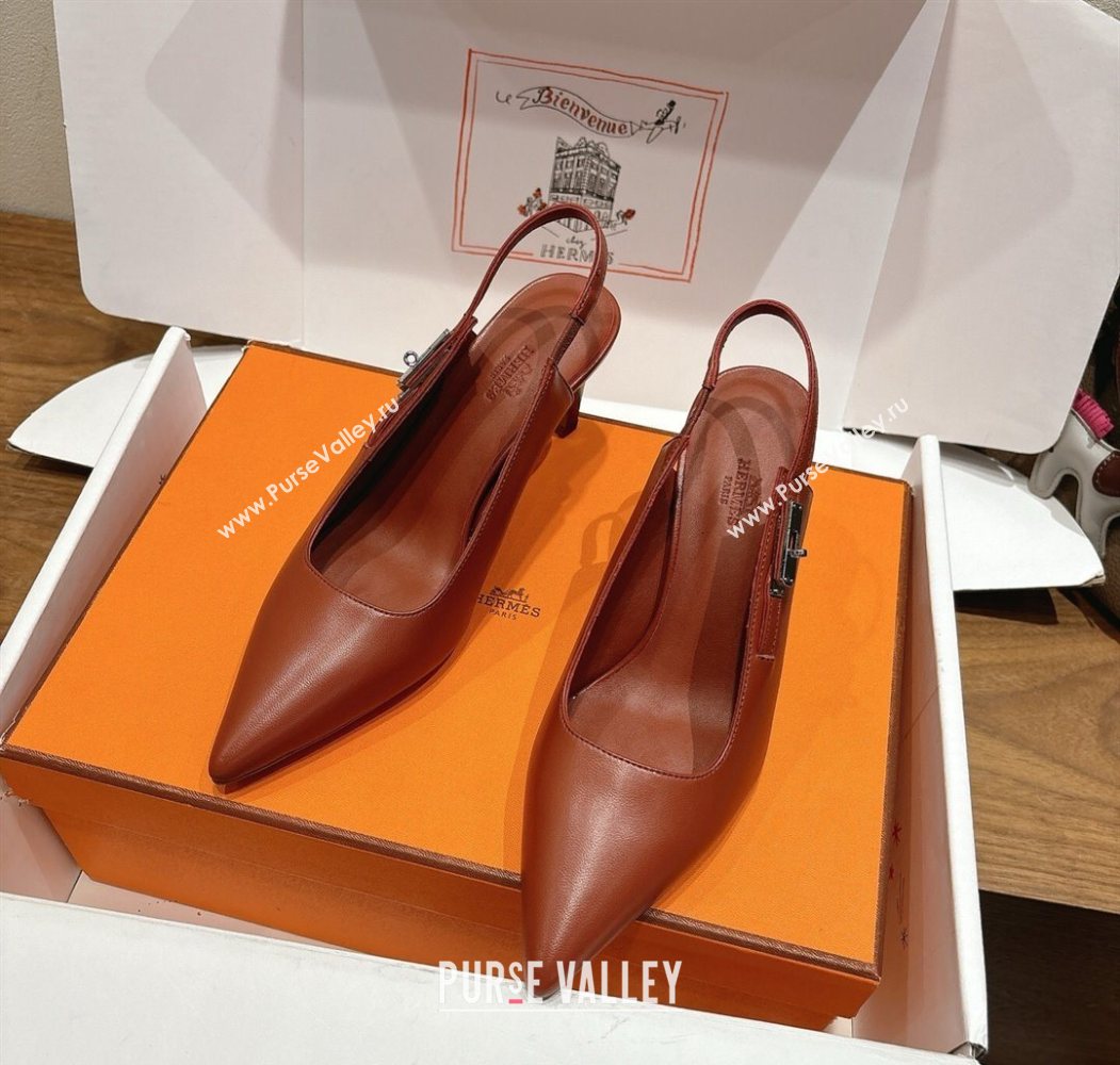 Hermes Lover Slingback Pumps 8cm in Calfskin Leather with Kelly Buckle Brown 2025 H252121 (XC-251024004)