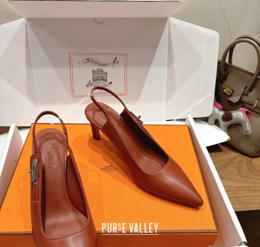 Hermes Lover Slingback Pumps 8cm in Calfskin Leather with Kelly Buckle Brown 2025 H252121 (XC-251024004)