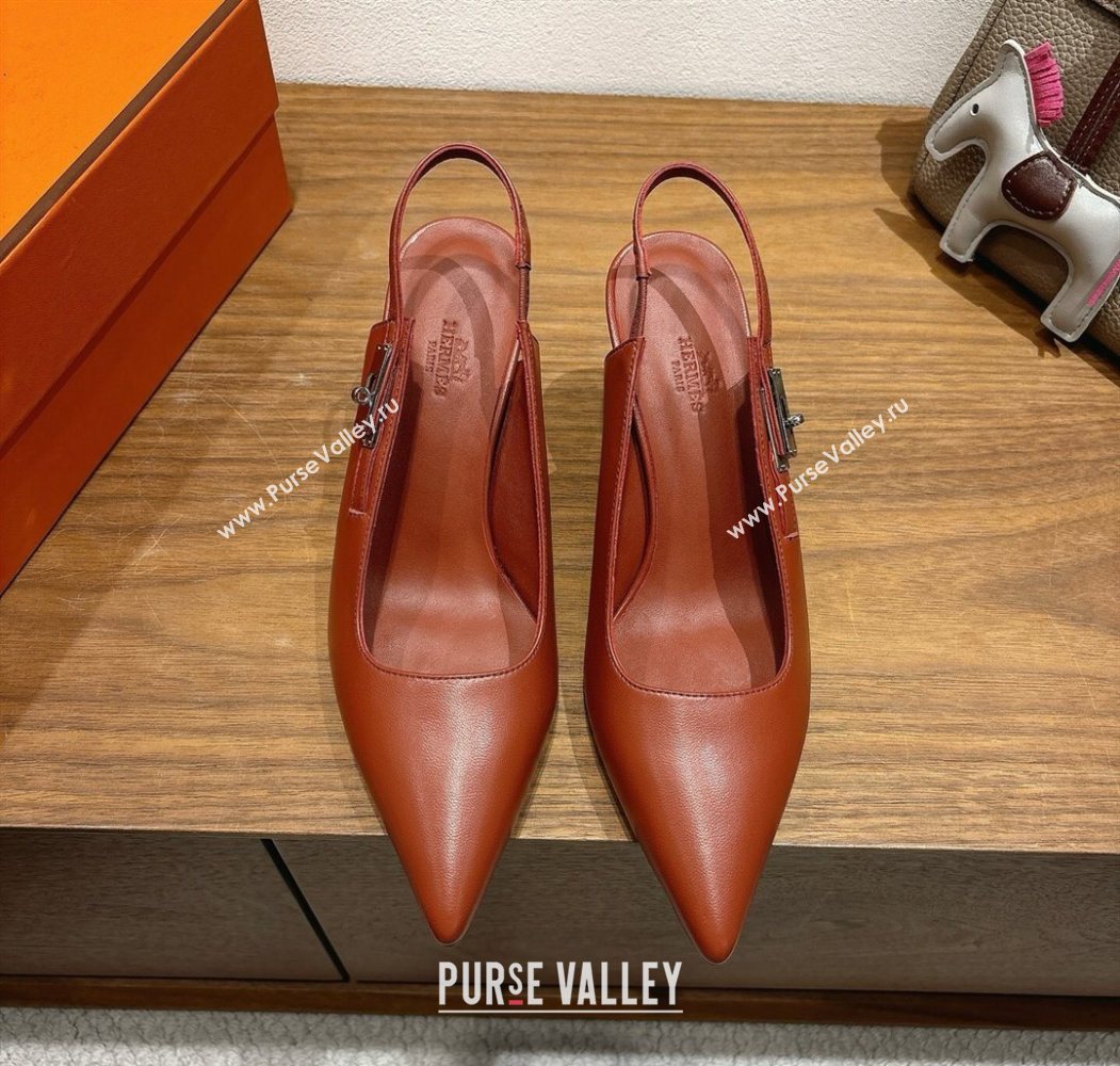 Hermes Lover Slingback Pumps 8cm in Calfskin Leather with Kelly Buckle Brown 2025 H252121 (XC-251024004)