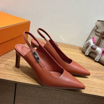 Hermes Lover Slingback Pumps 8cm in Calfskin Leather with Kelly Buckle Brown 2025 H252121 (XC-251024004)