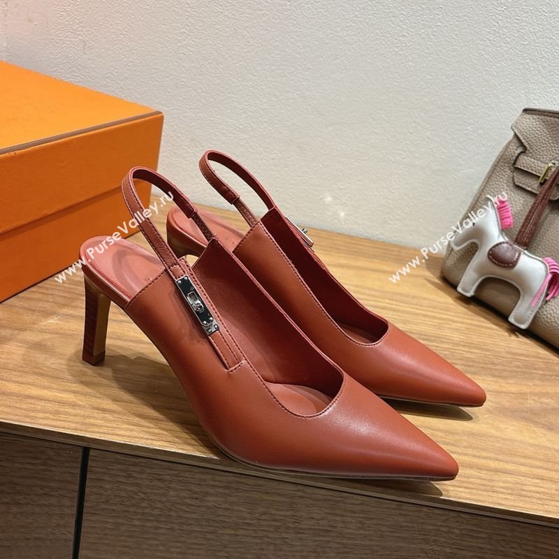 Hermes Lover Slingback Pumps 8cm in Calfskin Leather with Kelly Buckle Brown 2025 H252121 (XC-251024004)