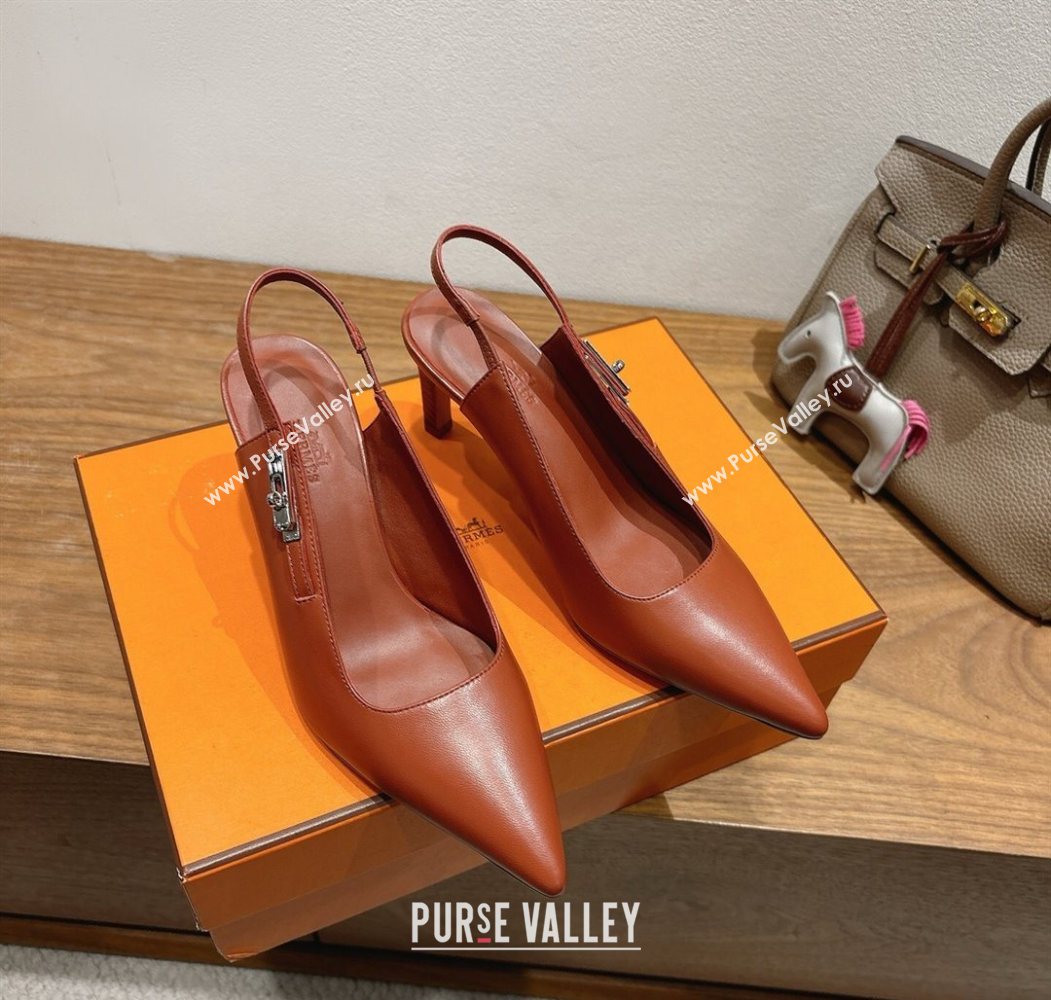 Hermes Lover Slingback Pumps 8cm in Calfskin Leather with Kelly Buckle Brown 2025 H252121 (XC-251024004)